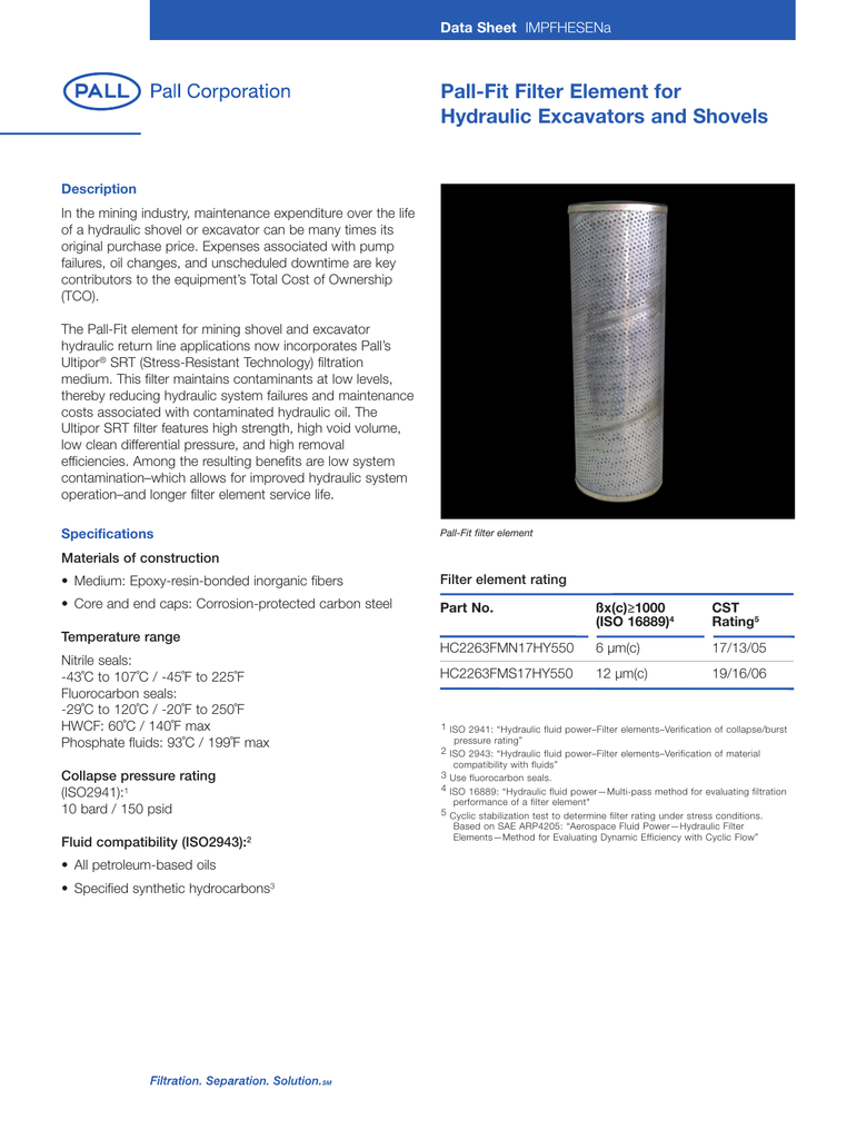 Pall-Fit Filter Element for Hydraulic Excavators and Shovels Data Sheet
