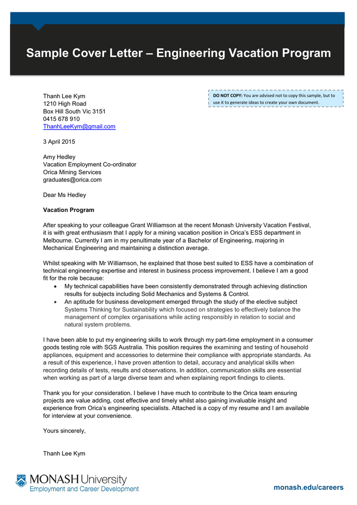 Engineering Vacation Program Sample Cover Letter