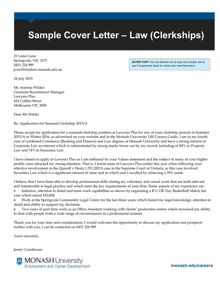 cover letter sample monash