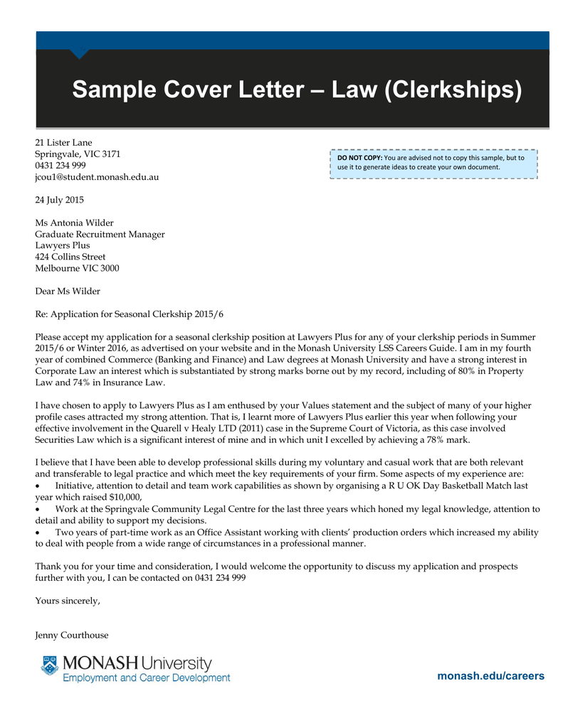 Law Clerkships Sample Cover Letter