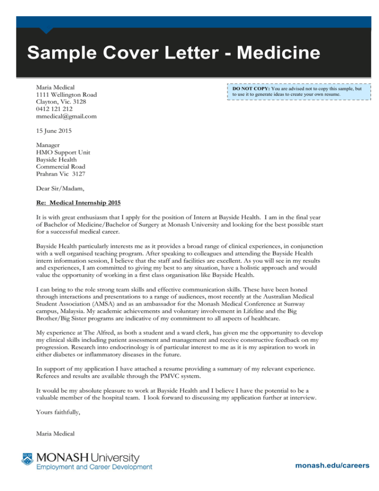 Sample Cover Letter Medicine