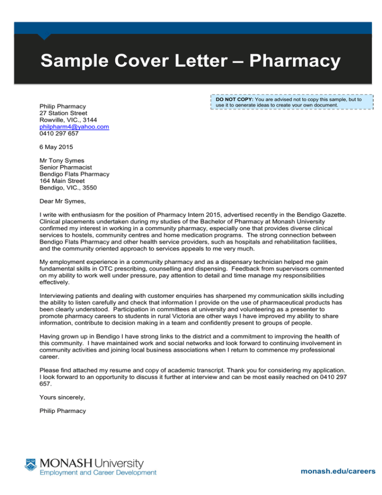 Pharmacy Sample Cover Letter