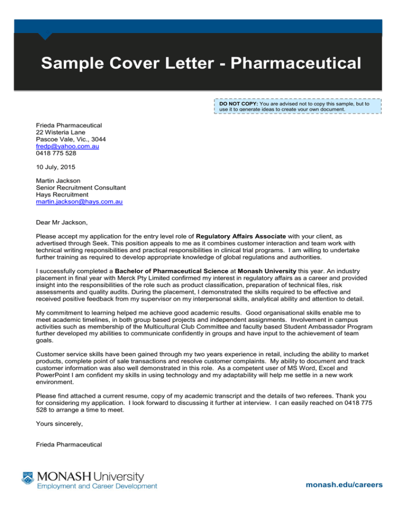 basic cover letter for pharmacy