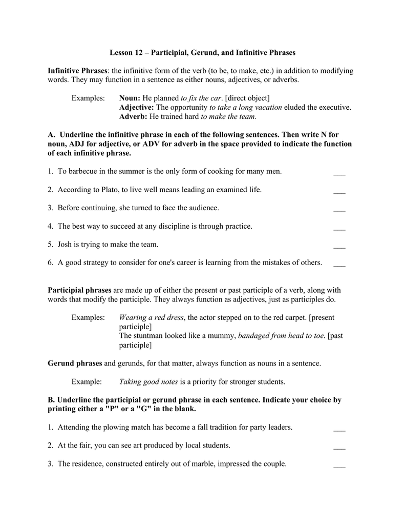 Participial And Infinitive Phrases Worksheet