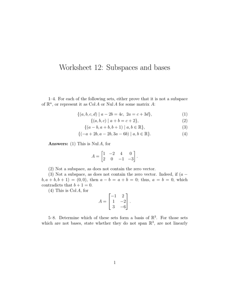 Worksheet 12: Subspaces And Bases