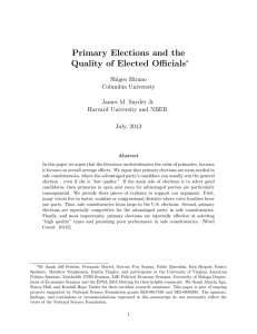 Primary Elections and the Quality of Elected Officials ⇤ Shigeo Hirano