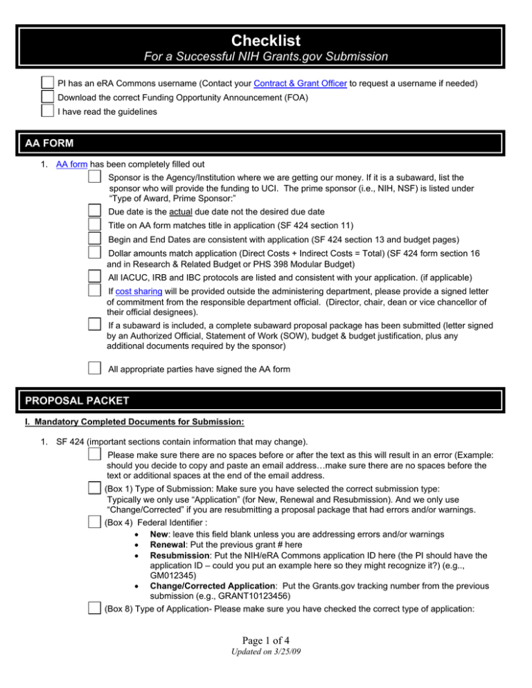 Checklist For A Successful NIH Grants gov Submission