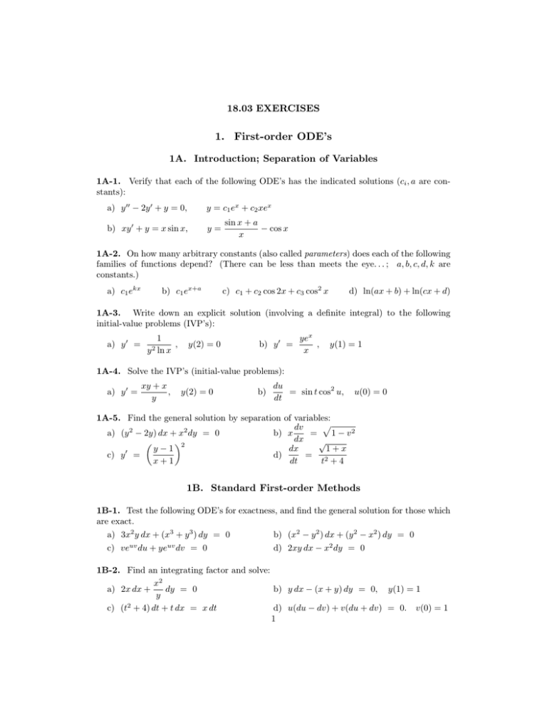 1 First Order Ode S 18 03 Exercises 1a Introduction Separation Of Variables