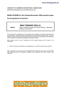 www.studyguide.pk 9694 THINKING SKILLS MARK SCHEME for the October/November 2009 question paper