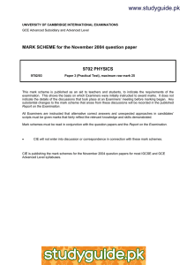 www.studyguide.pk  MARK SCHEME for the November 2004 question paper 9702 PHYSICS