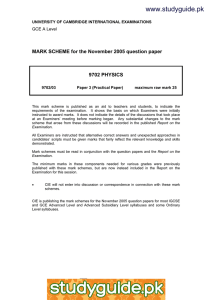 www.studyguide.pk MARK SCHEME for the November 2005 question paper  9702 PHYSICS