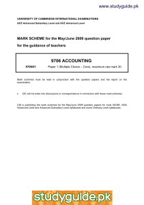 www.studyguide.pk 9706 ACCOUNTING  MARK SCHEME for the May/June 2009 question paper