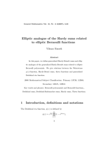 Elliptic analogue of the Hardy sums related to elliptic Bernoulli functions