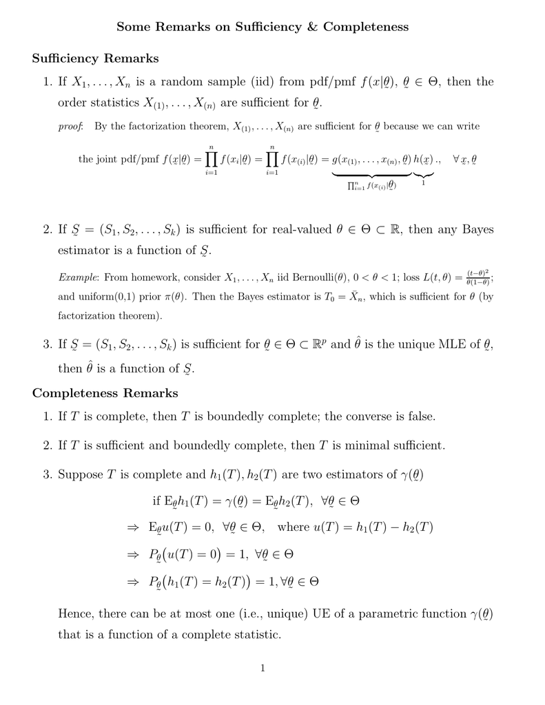 Some Remarks On Sufficiency Amp Completeness Sufficiency Remarks 1 If X