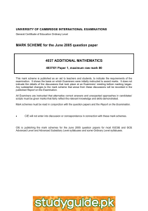 MARK SCHEME for the June 2005 question paper 4037 ADDITIONAL MATHEMATICS