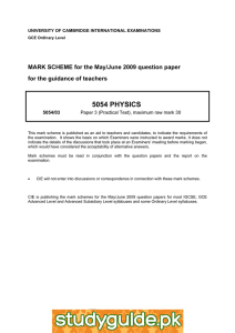 5054 PHYSICS  MARK SCHEME for the May/June 2009 question paper