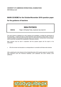 5054 PHYSICS  MARK SCHEME for the October/November 2010 question paper