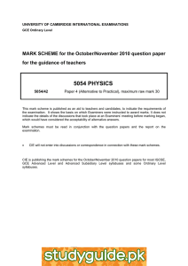 5054 PHYSICS  MARK SCHEME for the October/November 2010 question paper