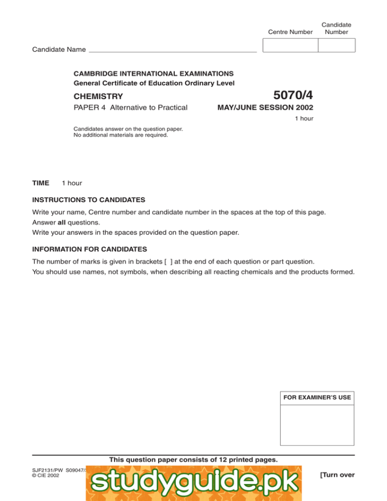 5070 4 CHEMISTRY PAPER 4 Alternative To Practical MAY JUNE SESSION 2002