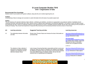 O Level Computer Studies 7010 Unit 7: Organisation of data
