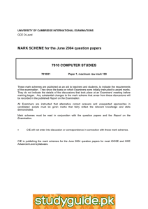 MARK SCHEME for the June 2004 question papers  7010 COMPUTER STUDIES