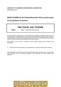 7096 TRAVEL AND TOURISM  for the guidance of teachers