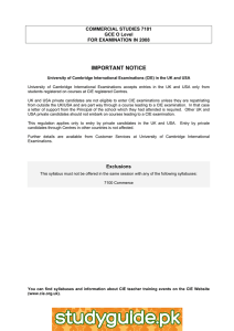 IMPORTANT NOTICE COMMERCIAL STUDIES 7101 GCE O Level FOR EXAMINATION IN 2008