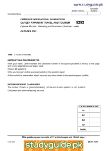 www.studyguide.pk CAREER AWARD IN TRAVEL AND TOURISM OCTOBER 2002