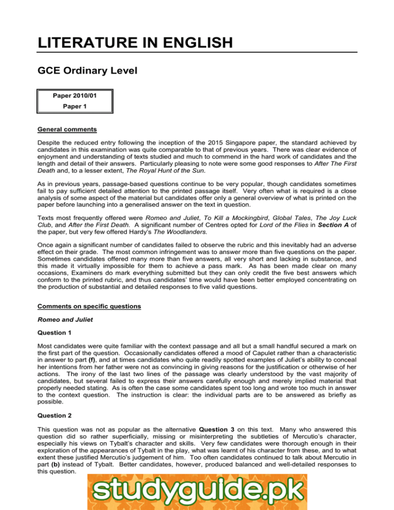 LITERATURE IN ENGLISH GCE Ordinary Level