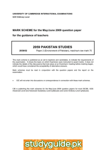 2059 PAKISTAN STUDIES  MARK SCHEME for the May/June 2009 question paper