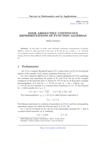 SOME ABSOLUTELY CONTINUOUS REPRESENTATIONS OF FUNCTION ALGEBRAS Adina Juratoni