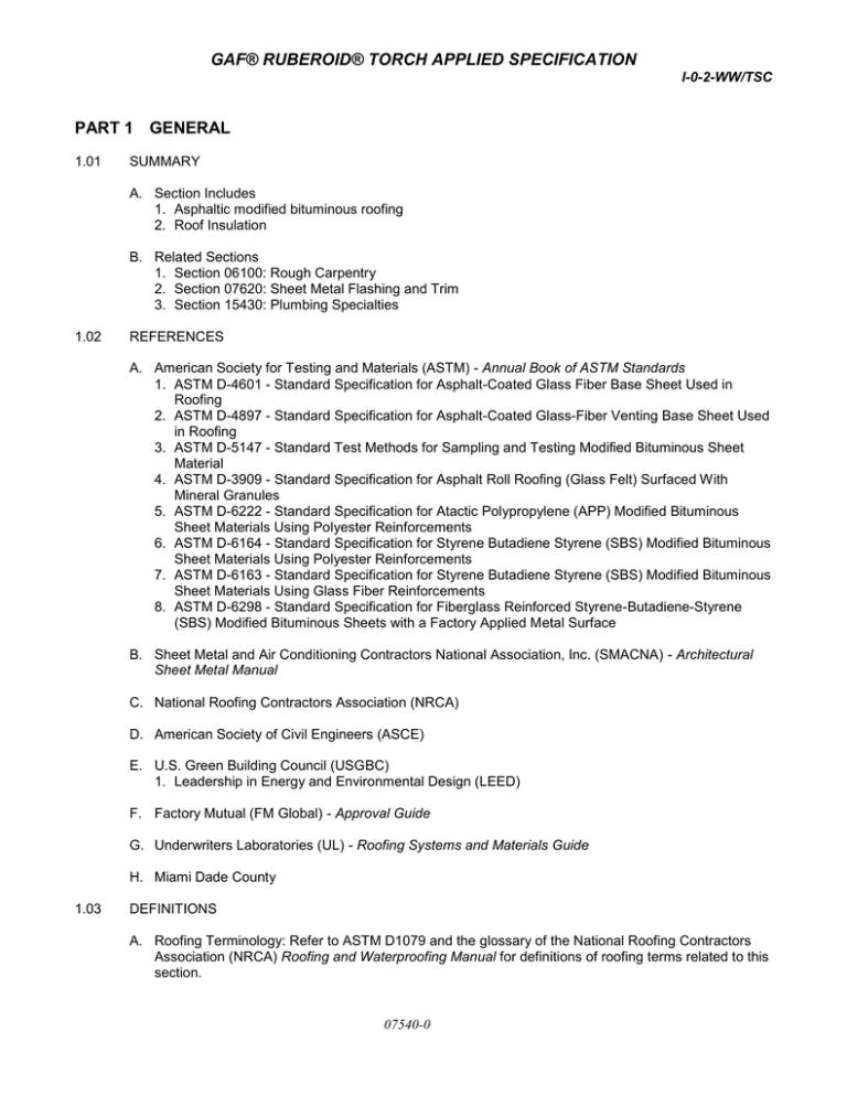 GAF® RUBEROID® TORCH APPLIED SPECIFICATION PART 1 GENERAL