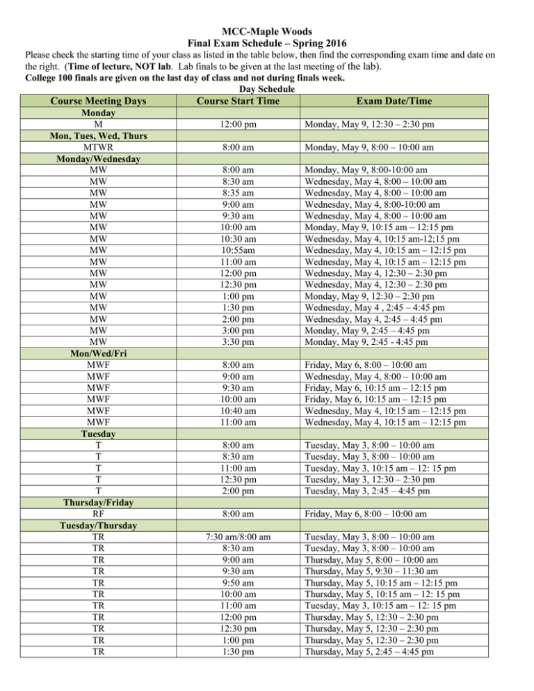 MCCMaple Woods Final Exam Schedule Spring 2016