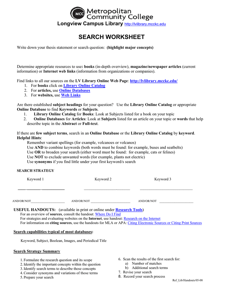 Search Worksheet Longview Campus Library