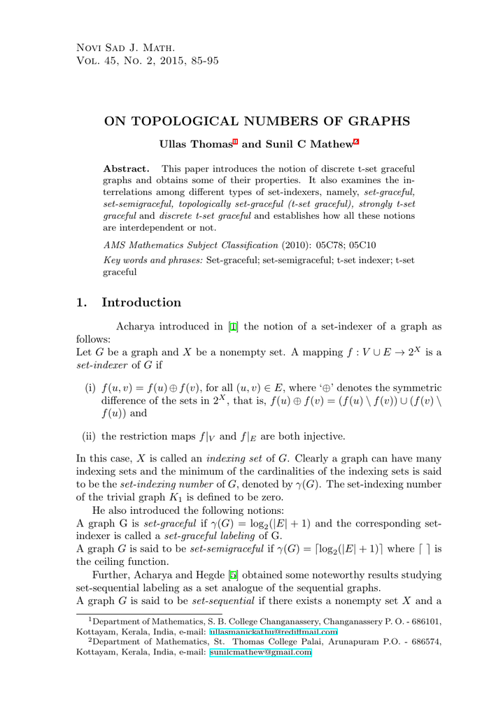 On Topological Numbers Of Graphs Novi Sad J Math Ullas Thomas