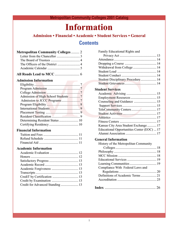 Information Contents Metropolitan Community Colleges 2001 Catalog