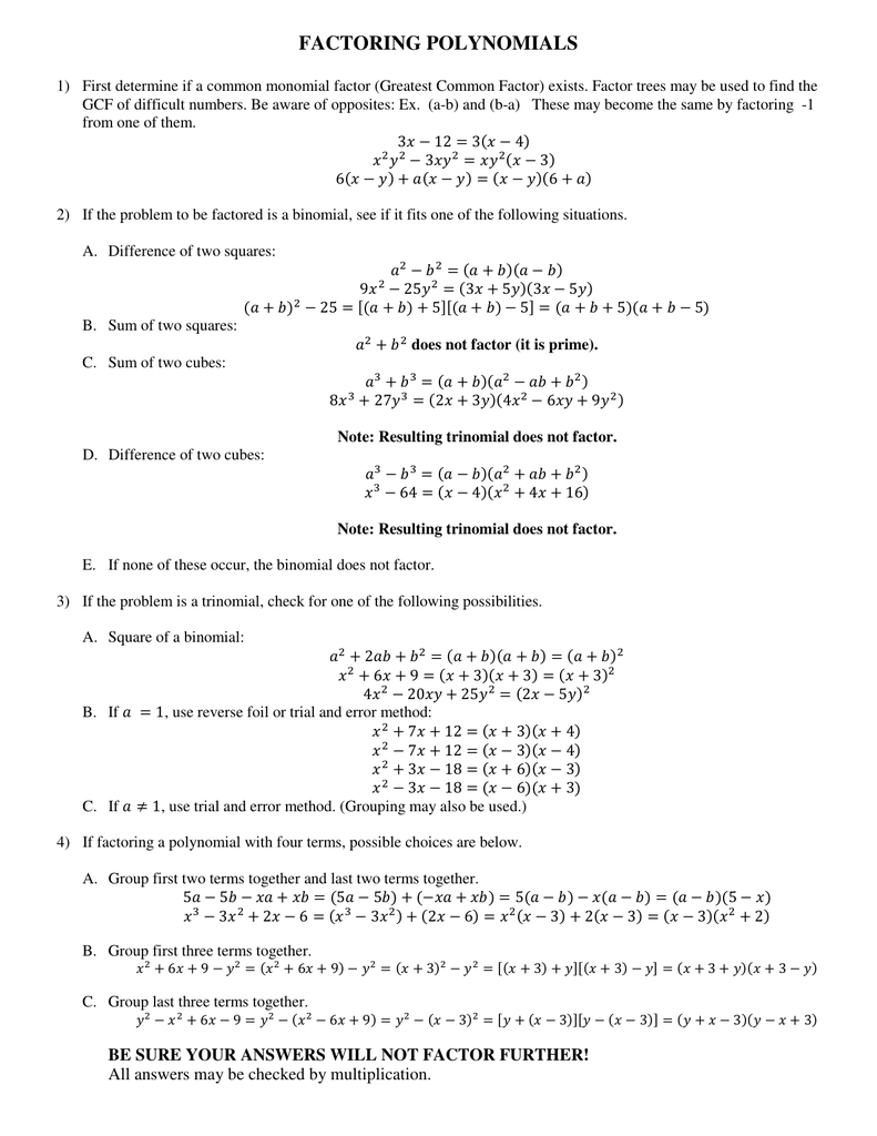 FACTORING POLYNOMIALS With Factoring Polynomials Gcf Worksheet