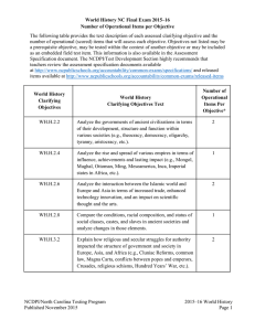 The following table provides the text description of each assessed... number of operational (scored) items that will assess each objective.... World History NC Final Exam 2015–16