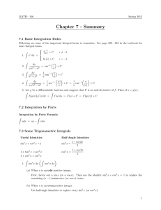 Chapter 7 - Summary 7.1 Basic Integration Rules