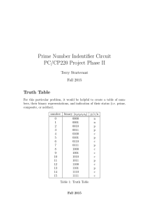 Prime Number Indentifier Circuit PC/CP220 Project Phase II Truth Table Terry Sturtevant
