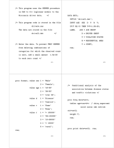 /* This program uses the GENMOD procedure Wisconsin driver data. */
