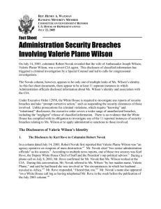 Administration Security Breaches Involving Valerie Plame Wilson Fact Sheet