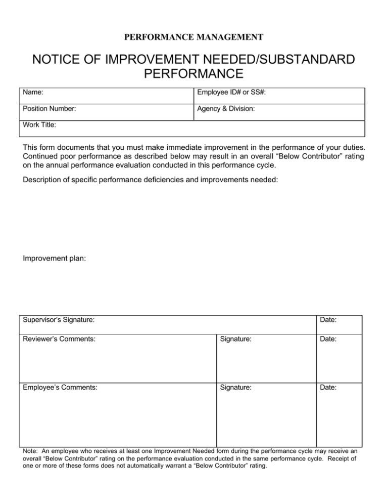 NOTICE OF IMPROVEMENT NEEDED SUBSTANDARD PERFORMANCE PERFORMANCE MANAGEMENT