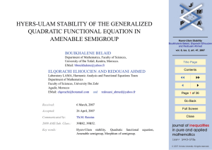 HYERS-ULAM STABILITY OF THE GENERALIZED QUADRATIC FUNCTIONAL EQUATION IN AMENABLE SEMIGROUP BOUIKHALENE BELAID
