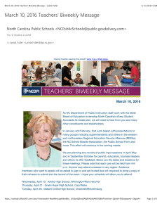 March 10, 2016 Teachers' Biweekly Message North Carolina Public Schools &lt;&gt;