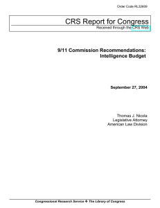 CRS Report for Congress 9/11 Commission Recommendations: Intelligence Budget September 27, 2004