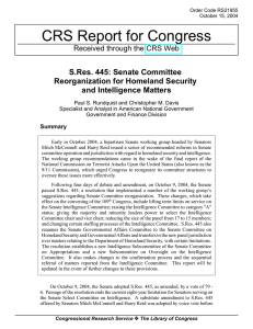 CRS Report for Congress S.Res. 445: Senate Committee Reorganization for Homeland Security