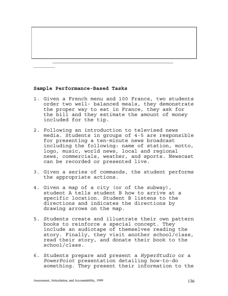 Sample Performance Based Tasks 1 Sample Performance Based Tasks 1