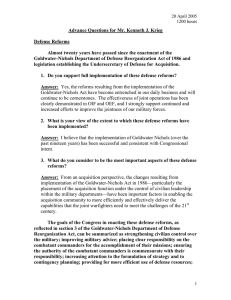 Advance Questions for Mr. Kenneth J. Krieg  Defense Reforms