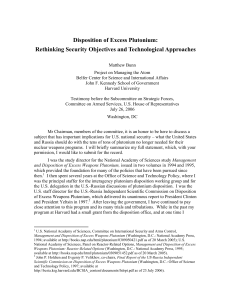 Disposition of Excess Plutonium: Rethinking Security Objectives and Technological Approaches